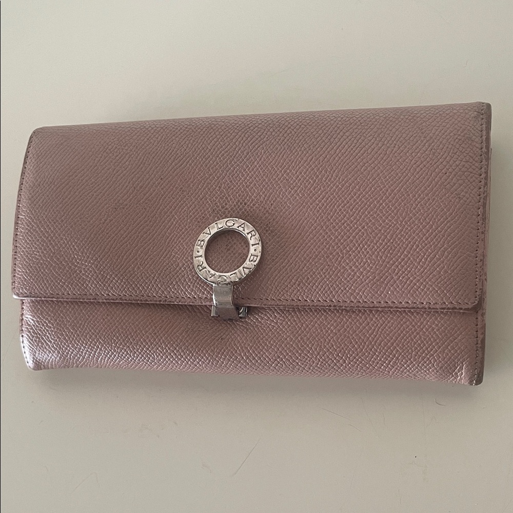 Bulgari Dusty Pink Leather Continental Wallet with Signature Ring